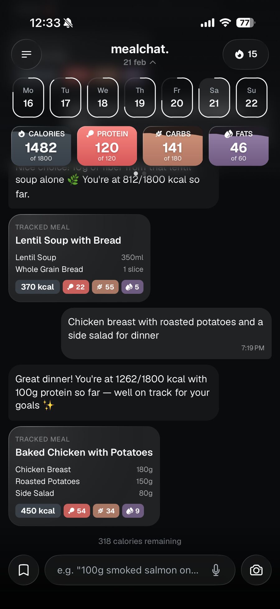 mealchat app showing tracked meals and nutrition data